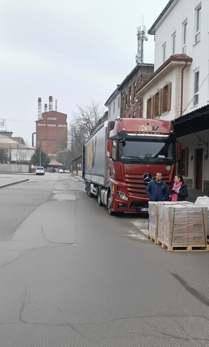 Teslimat alanında kırmızı KSV tırı ve paletli yük