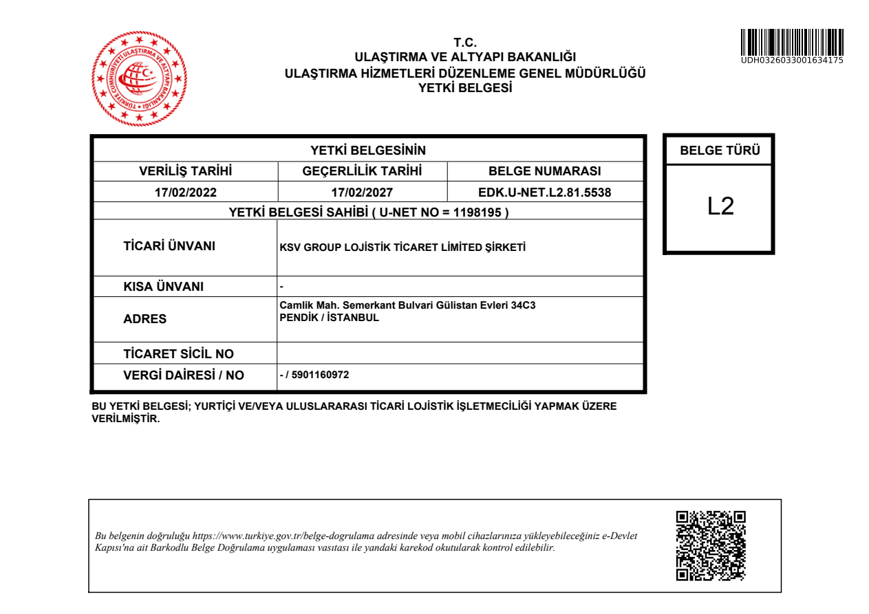 KSV Group Lojistik L2 yetki belgesi